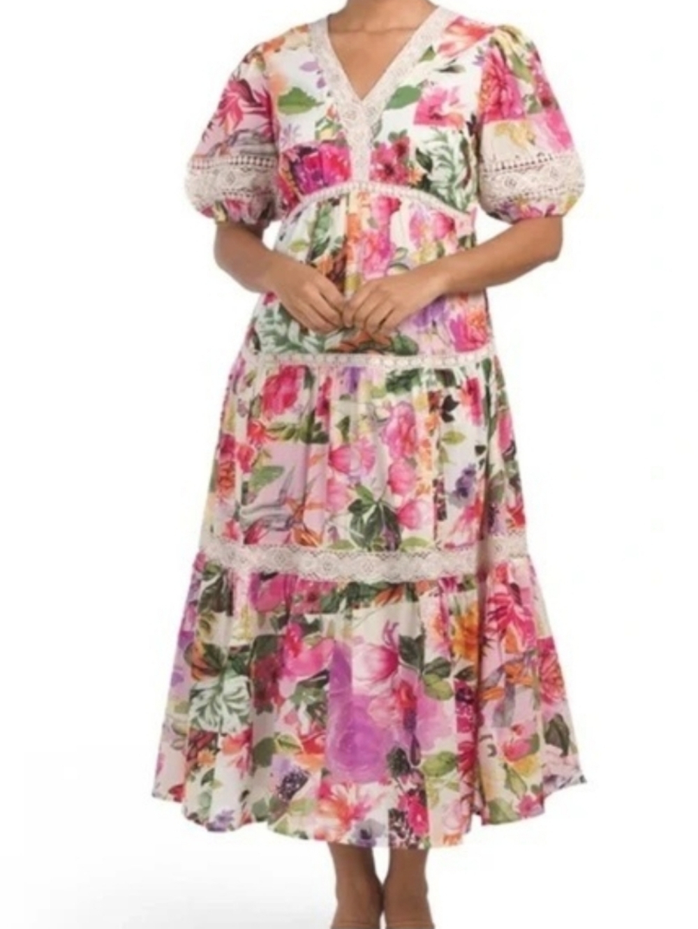 Joie Pink & Lavender Nwot Garden Floral V Neck Embroidered Lace Puff Sleeve Maxi